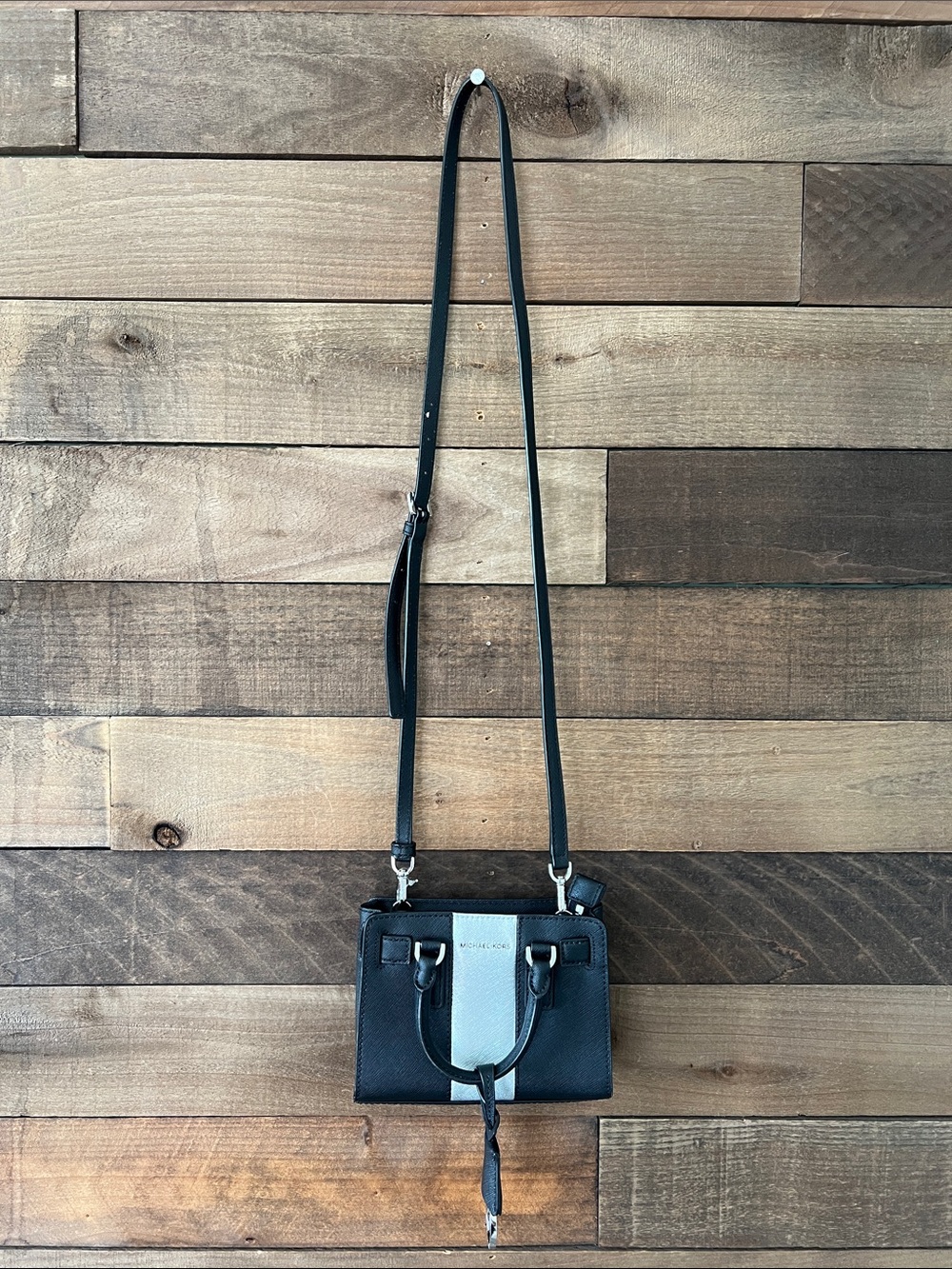 Michael Kors Dillon Metallic Center Stripe Extra Small Top Zip Crossbody Purse